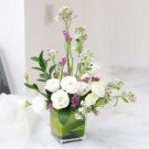 White lisianthus and statice in a clear cube vase.