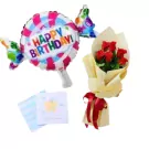 Birthday balloon, rose bouquet, and a "You're a Star" card.
