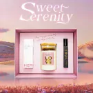 Sweet Serenity gift set with candle, perfume, and deodorant in a pink box.