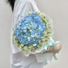 A person holds a light blue hydrangea bouquet with daisies and pearl trim.