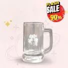 Clear glass mug with "Dad You Are So Cool" printed on it, set against a light pink background with graphic elements.