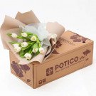 White tulips arranged in a bouquet with brown and white wrapping, placed on a brown box.