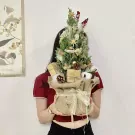 Mini Christmas pine tree decorated with pinecones, gifts, and bows in a burlap bag.