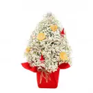 Miniature Christmas tree made of baby's breath flowers, adorned with dried orange slices and festive ornaments.