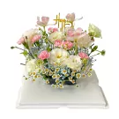 Floral arrangement with pink tulips, white lisianthus, pink carnations, and baby's breath, topped with "Happy 15th" topper.