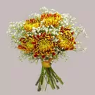 Bouquet of yellow and orange chrysanthemums and baby's breath tied with a gold ribbon.