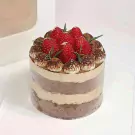 Tiramisu cake with fresh strawberries, whipped cream, and cocoa powder.
