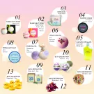 Gift set with bath bombs, bath salt, essential oil, bubble gel, cream perfume, candle, shower steamer, and rubber ducks.