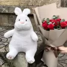 Fluffy white rabbit plush toy with pink accents sits next to a bouquet of red roses.