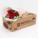 A bouquet of red roses and greenery rests on a cardboard box with the logo "POTICO.VN".