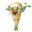 Floral arrangement in a cone-shaped brown paper holder with "Wishing you a GREAT DAY!" message.