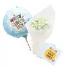Blue "Happy Birthday" balloon with hydrangea bouquet and "Pawsitive Vibe Only" card.