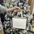 A white gift bag with black trim held in front of a decorated Christmas tree.
