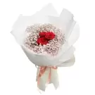 A bouquet of red roses and baby's breath, wrapped in white paper and tied with a pink ribbon.