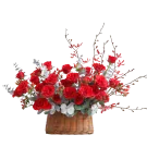 Basket of red roses with greenery and accent flowers, arranged in a half-round shape.