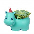 Turquoise hippo planter with a succulent, red and white striped unicorn horn.