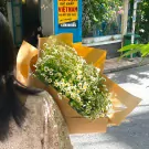Woman holding a bouquet of Tana daisies wrapped in brown paper.