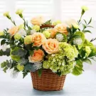Basket of peach roses, green carnations, and hydrangeas.
