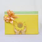 Yellow gift box with a sunflower, peach ribbon, and "The Best Flower Newspaper" text.