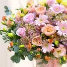 A lush bouquet of pink and peach roses, gerbera daisies, hydrangeas, and greenery.