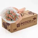 A bouquet of peach roses in white and pink paper on a brown box with POTICO.VN logo.