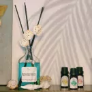Reed diffuser with blue liquid and decorative balls, three small essential oil bottles.