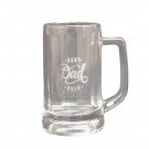 Clear glass mug with "Best Dad Ever" text and a handle.