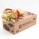 A bouquet of peach and white roses, lisianthus, and greenery in brown paper sits on a Potico.vn flower box.