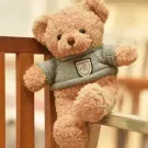 A light brown teddy bear wearing a light blue sweater sits on a wooden railing.