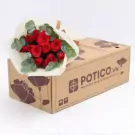 Red roses with eucalyptus in wrapping on a POTICO.VN branded box.