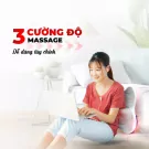 Woman with laptop uses a multi-purpose back massager, highlighting 3 massage intensities.