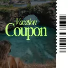 Vacation coupon with a scenic island backdrop and a woman sitting in the foreground.