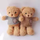 Two tan teddy bears in gray and brown sweaters.
