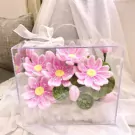 Pink lotus flowers in a clear box with white ribbon.