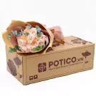 Pink and peach rose bouquet in kraft paper on a "POTICO.VN" flower delivery box.