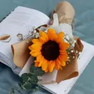 Sunflower bouquet on an open book with croissant and coffee illustration.