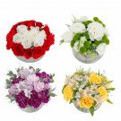 Four glass bowls with assorted flower arrangements: red and white roses, white roses with green filler, purple and pink carnations, and yellow roses with white alstroemeria.