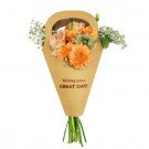Orange gerbera daisies and peach roses in a brown paper cone, with text "Wishing you a GREAT DAY!".