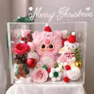 Pink fluffy bunny and teddy bear with flowers in a clear box with "Merry Christmas" text.