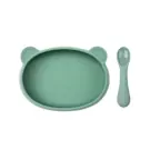 Green silicone bear-shaped baby plate and spoon set.