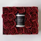 Gift set with red roses and a candle labeled "CHILLIN' NIGHT".