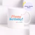 White ceramic mug with "Happy Birthday! ❤️ to NAM" design and a purple circle with "Place Name Here".