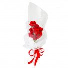Bouquet of 8 red roses wrapped in white paper with a red ribbon.