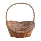 Wicker basket with a handle, woven from light brown reeds.