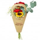 Bouquet of red roses, sunflower, eucalyptus, and baby's breath in a brown paper cone with "Wishing you a GREAT DAY!" text.