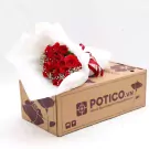 Red rose bouquet in white paper on a brown box with "POTICO.VN" logo.