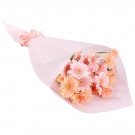 Pink and orange Gerbera daisies wrapped in soft pink paper with a pink ribbon.