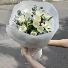 A bouquet of white tulips with eucalyptus, wrapped in white paper.