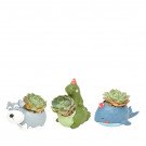 Three cute succulent planters: a dog, a dinosaur, and a whale.