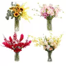 Four vases of colorful flowers: sunflowers, pink ranunculus, red ginger, and yellow orchids with cream roses.